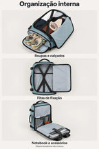 Mochila de viagem Bags Mart na cor Azul Claro — interior, fitas de fixação, compartimentos e bolsos