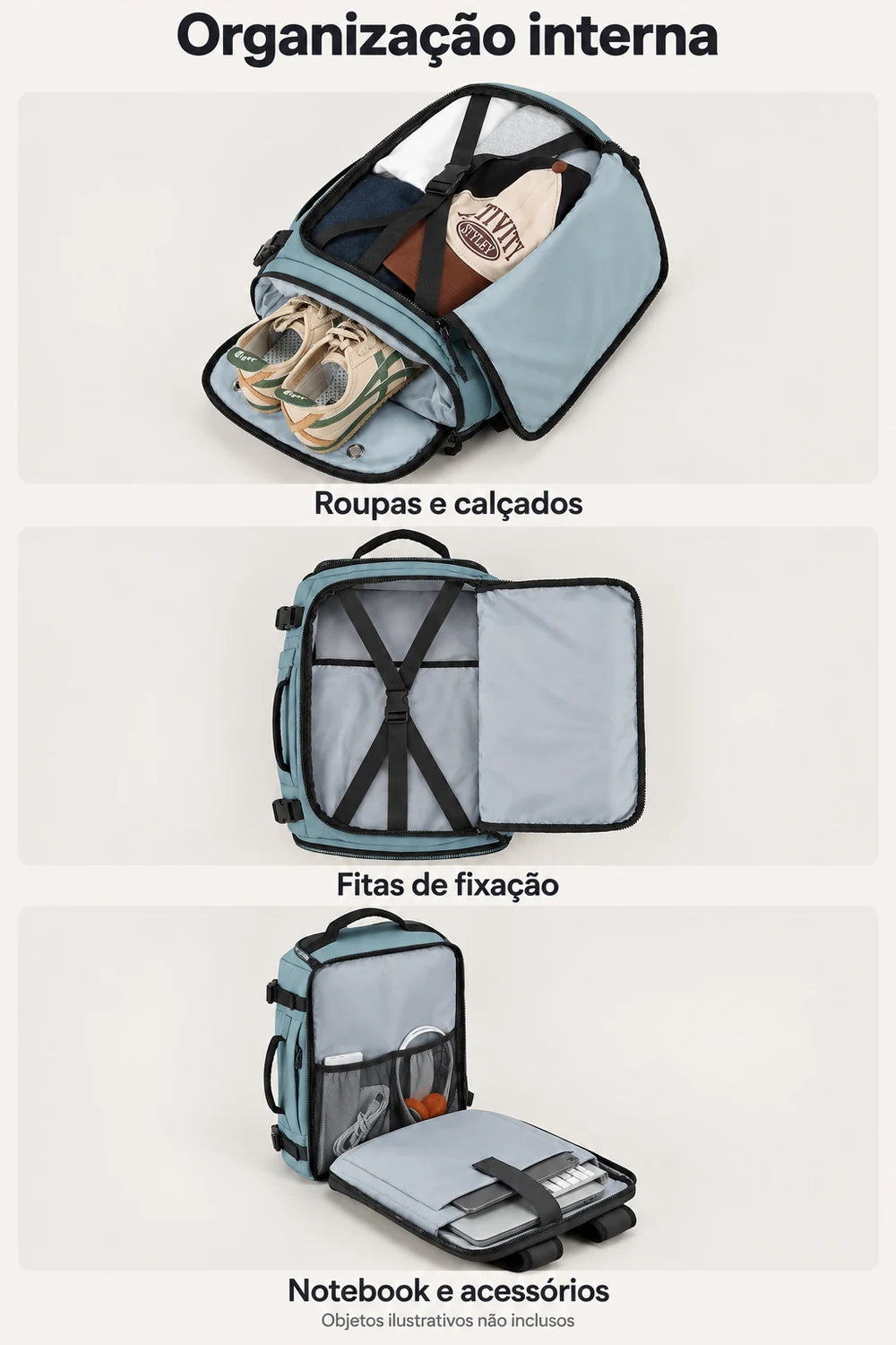 Mochila de viagem Bags Mart na cor Azul Claro — interior, fitas de fixação, compartimentos e bolsos