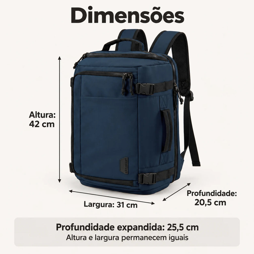 Mochila de viagem Bags Mart na cor Azul Marinho — altura 42 cm, largura 31 cm, profundidade 20,5 cm e profundidade expandida 25,5 cm