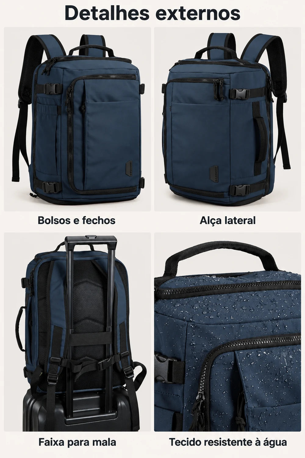 Mochila de viagem Bags Mart na cor Azul Marinho — bolsos, fechos, alça lateral, verso e faixa para mala