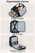 Mochila de viagem Bags Mart na cor Azul Marinho — interior, fitas de fixação, compartimentos e bolsos