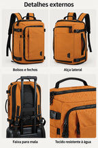 Mochila de viagem Bags Mart na cor Tangerina — bolsos, fechos, alça lateral, verso e faixa para mala
