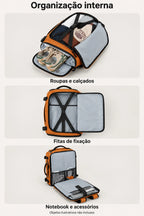 Mochila de viagem Bags Mart na cor Tangerina — interior, fitas de fixação, compartimentos e bolsos