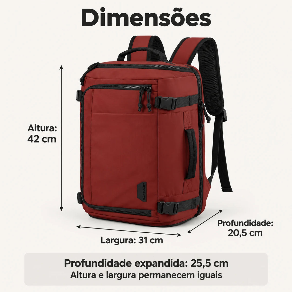 Mochila de viagem Bags Mart na cor Vermelho — altura 42 cm, largura 31 cm, profundidade 20,5 cm e profundidade expandida 25,5 cm