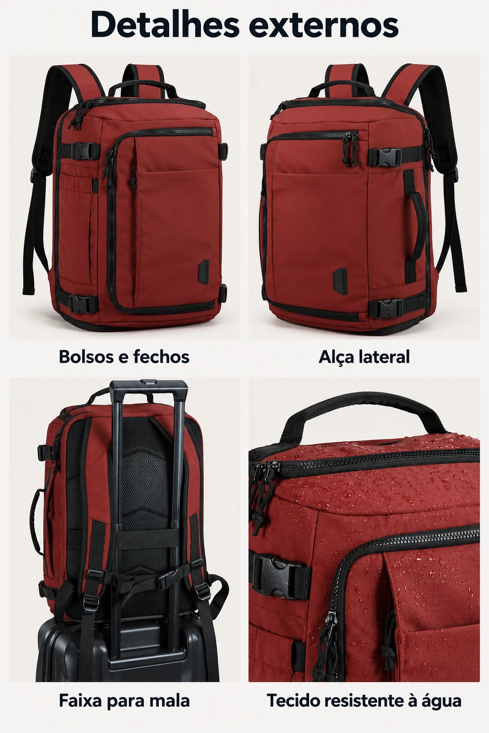 Mochila de viagem Bags Mart na cor Vermelho — bolsos, fechos, alça lateral, verso e faixa para mala