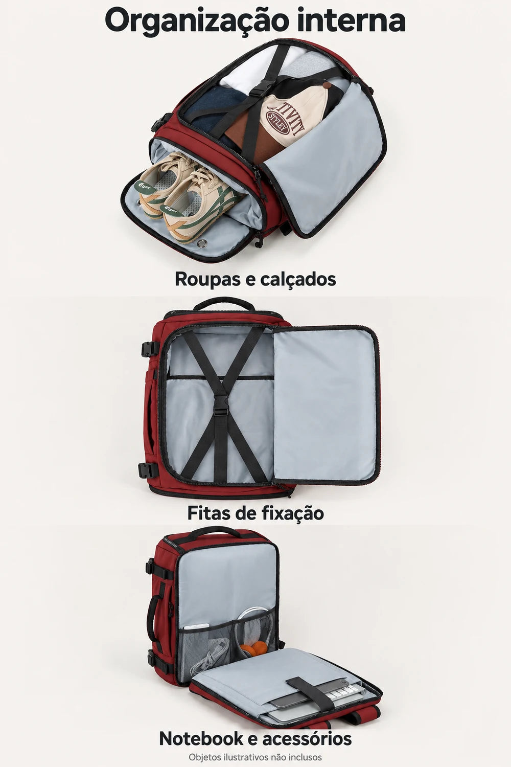 Mochila de viagem Bags Mart na cor Vermelho — interior, fitas de fixação, compartimentos e bolsos