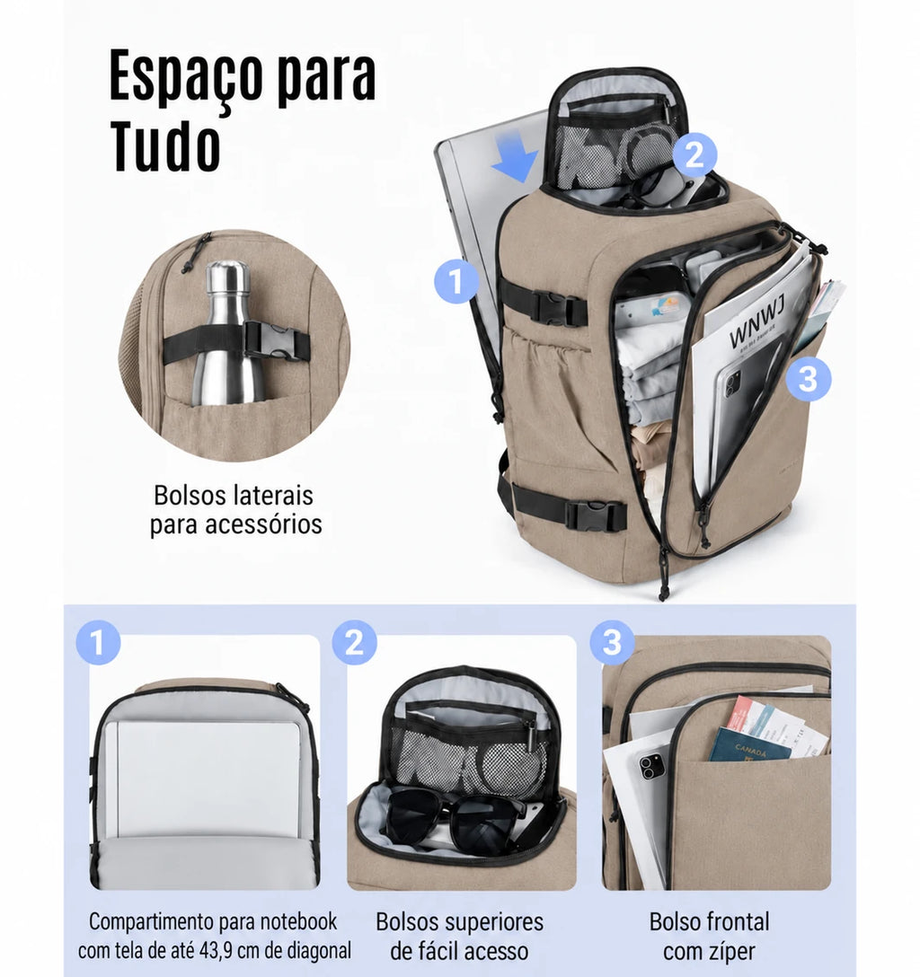 Mochila de Viagem Resistente à Água para Notebook Bags Mart Cor Marrom — Compartimentos e organização