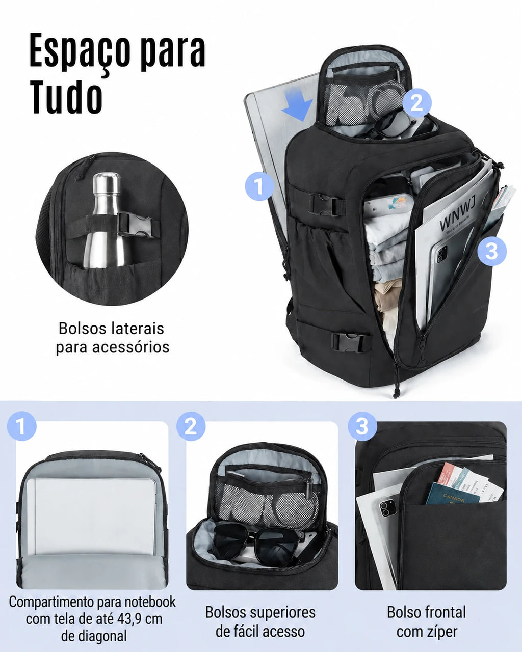 Mochila de Viagem Resistente à Água para Notebook Bags Mart Cor Preto — Compartimentos e organização