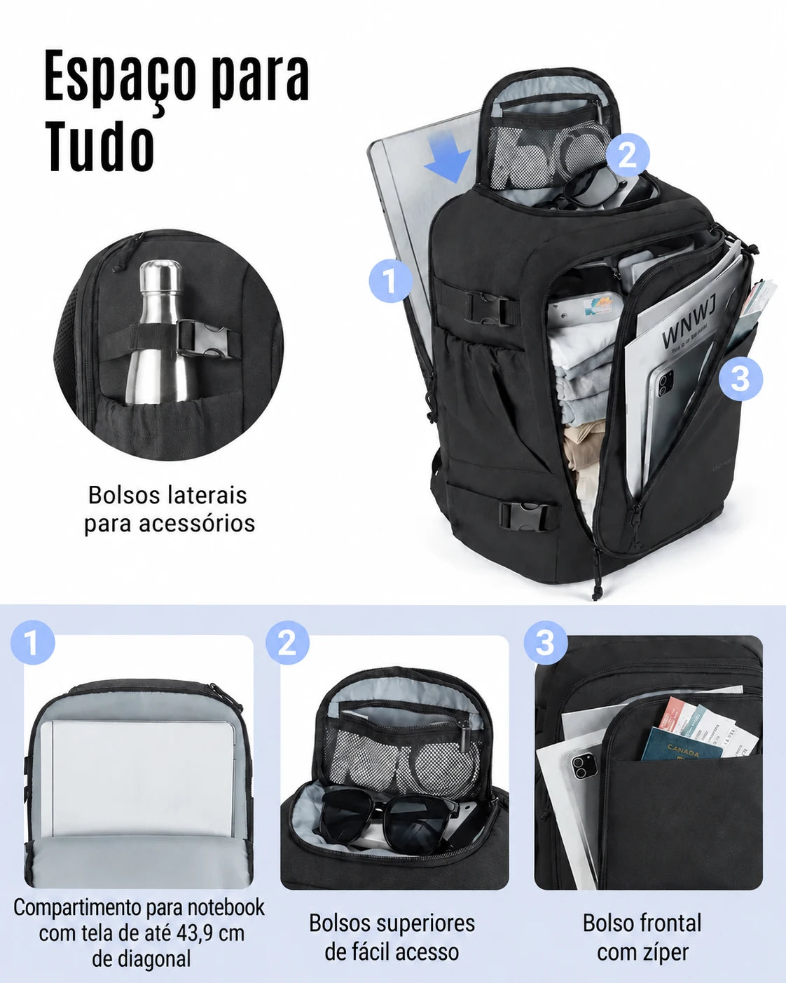 Mochila de Viagem Resistente à Água para Notebook Bags Mart Cor Preto — Compartimentos e organização