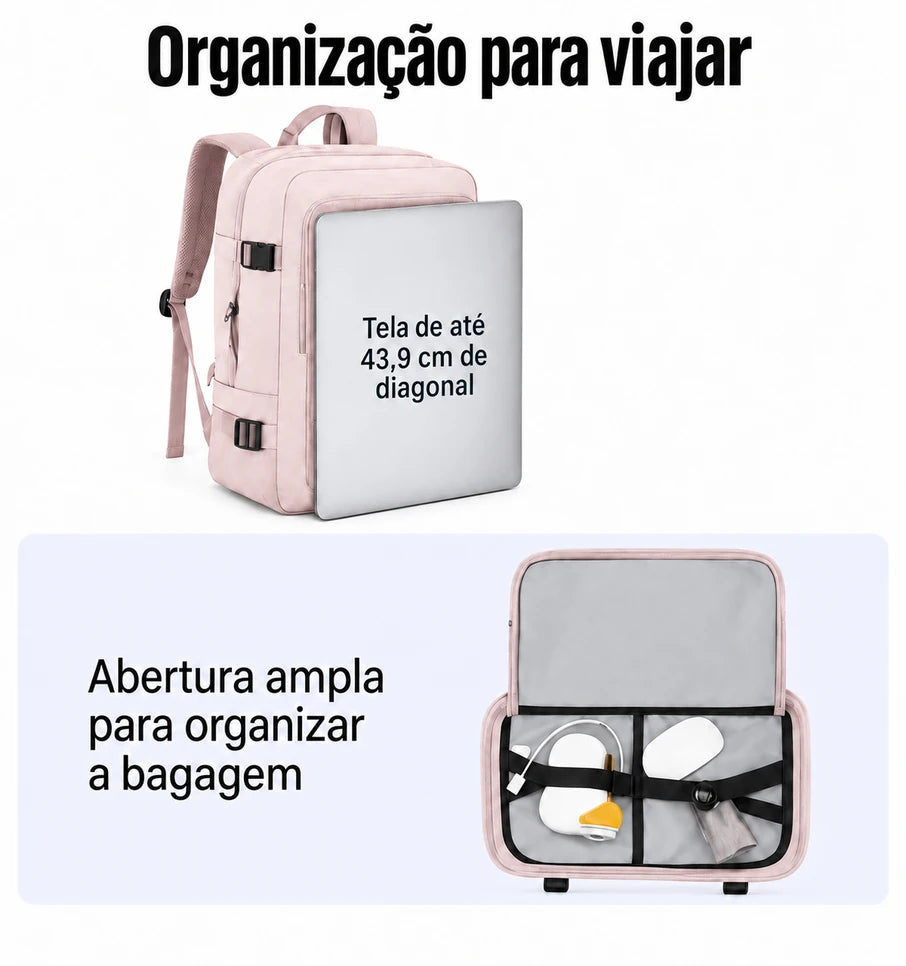 Mochila de Viagem Resistente à Água para Notebook Bags Mart Cor Rosa — Abertura e organização