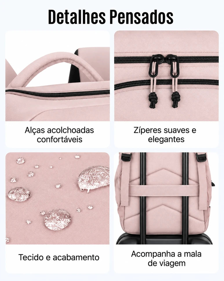 Mochila de Viagem Resistente à Água para Notebook Bags Mart Cor Rosa — Alças, zíperes e faixa para mala