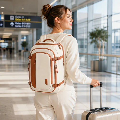 Mulher viajante usando a Mochila de Viagem 30L Bags Mart cor bege em aeroporto