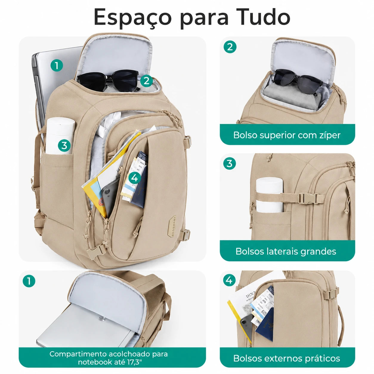 Espaco para tudo - Mochila de Viagem Bags Mart 30L Caqui