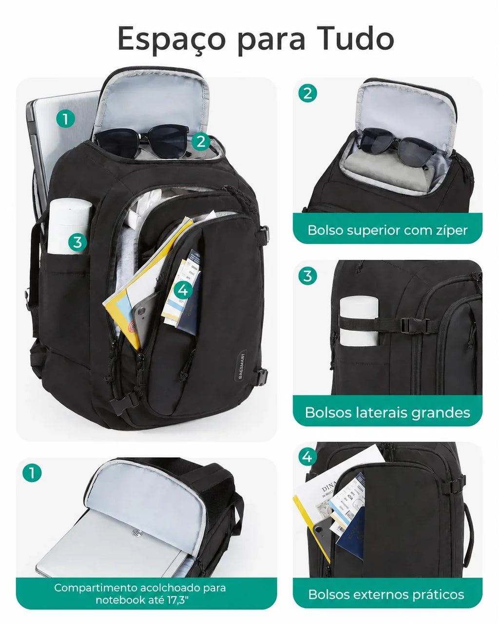 Espaço para tudo - Mochila de Viagem Bags Mart 30L Preto