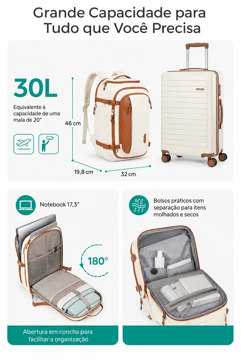 Grande capacidade - Mochila de Viagem Bags Mart 30L