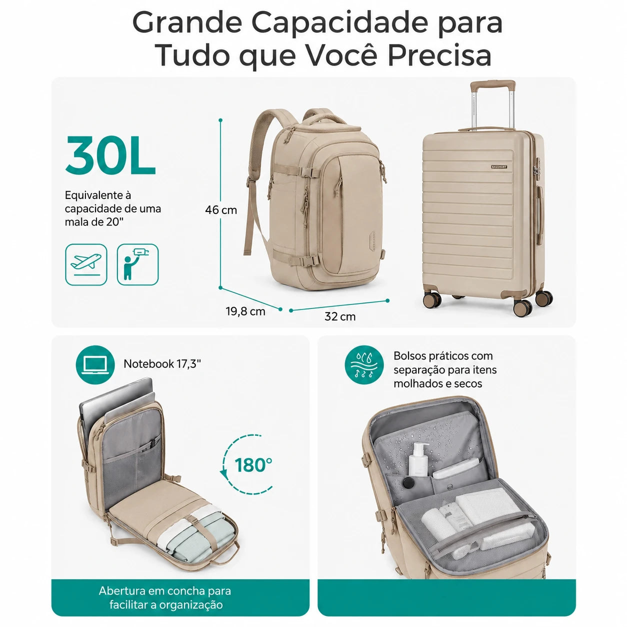 Grande capacidade - Mochila de Viagem Bags Mart 30L Caqui