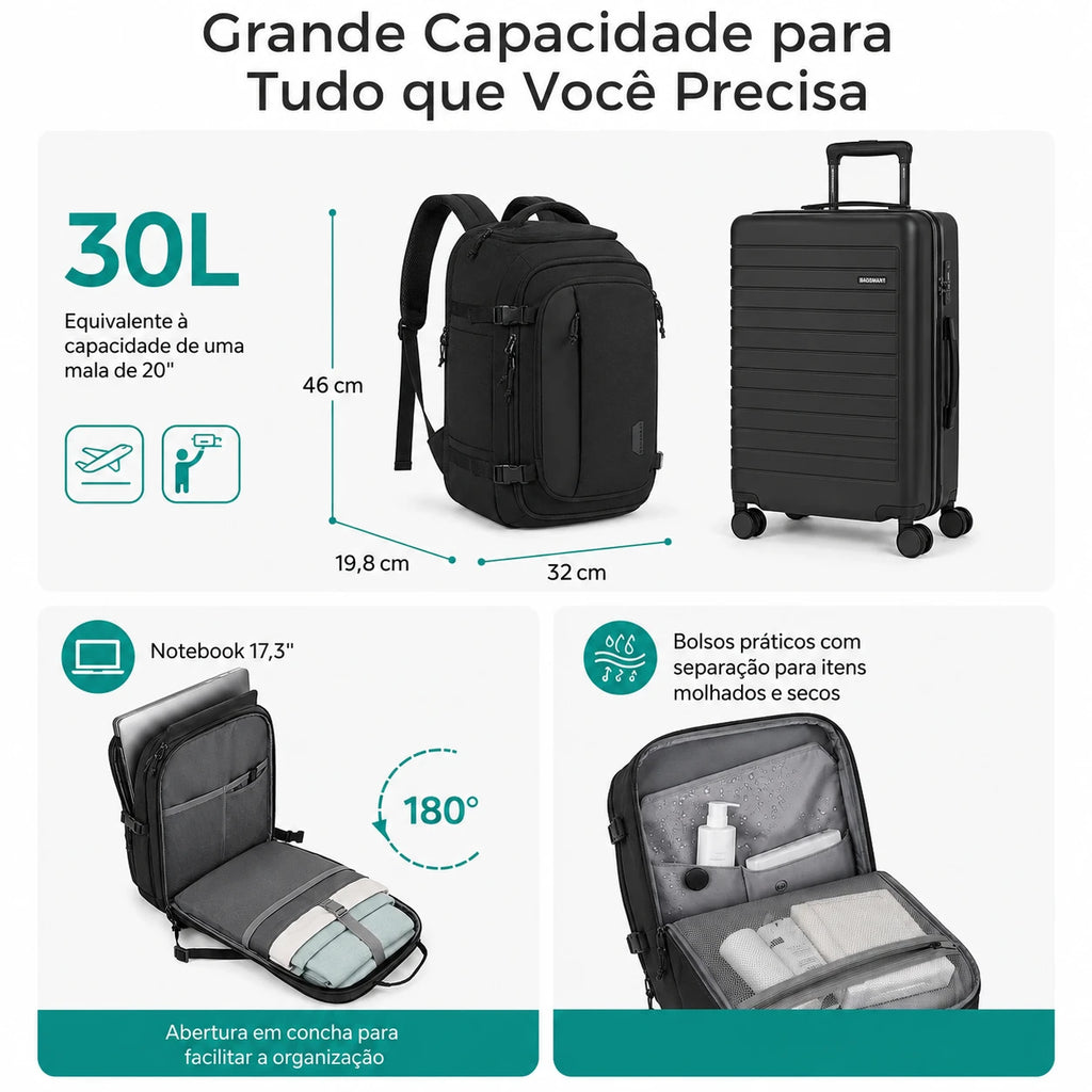 Mochila de Viagem 30L à Prova d'Água Bags Mart Preta - Grande Capacidade para Roupas, Sapatos e Acessórios