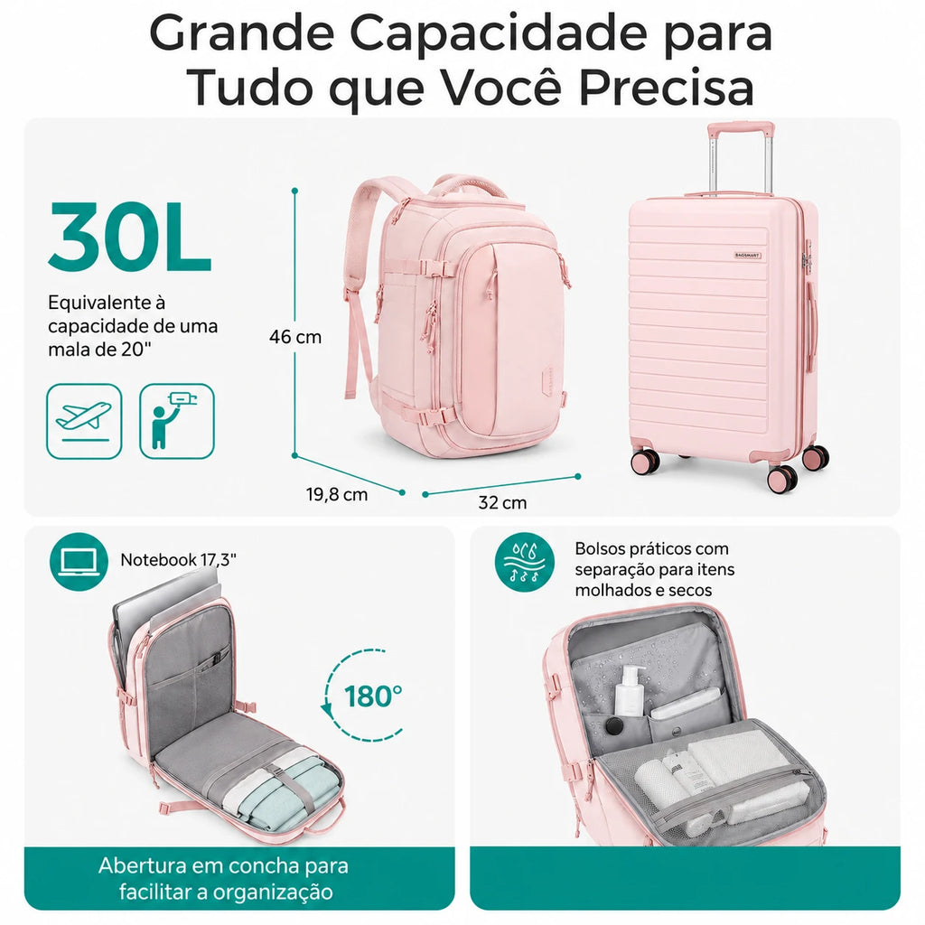 Grande capacidade - Mochila de Viagem Bags Mart 30L Rosa
