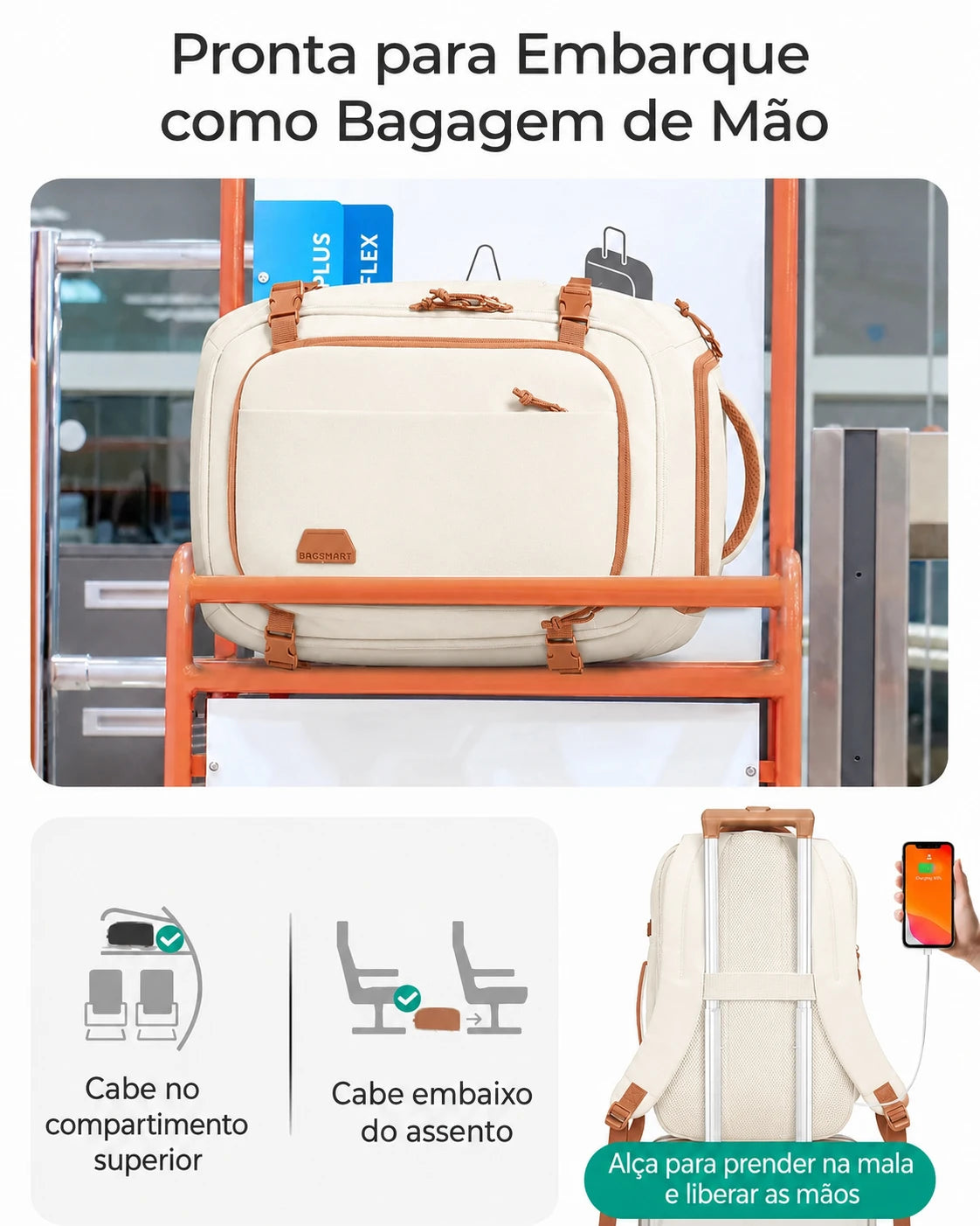 Pronta para embarque - Mochila de Viagem Bags Mart 30L Bege