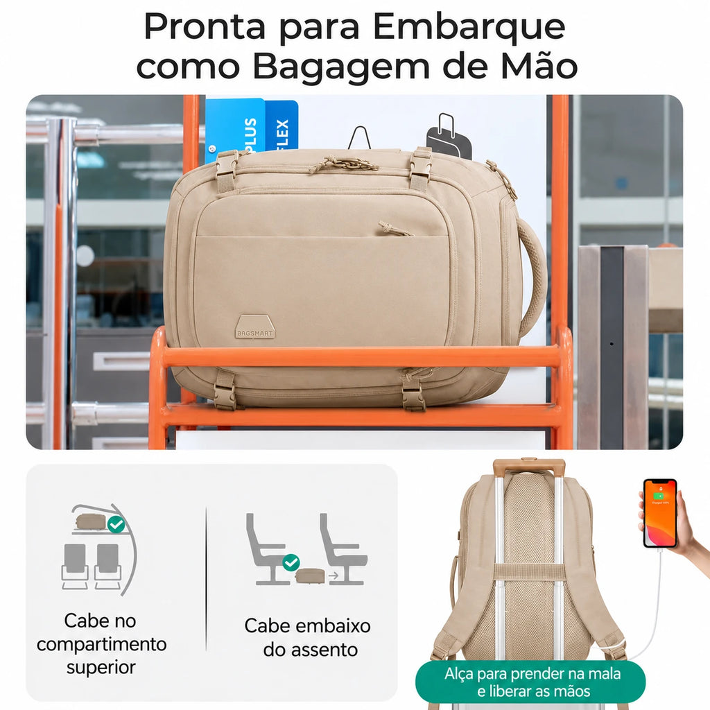 Pronta para embarque - Mochila de Viagem Bags Mart 30L Caqui