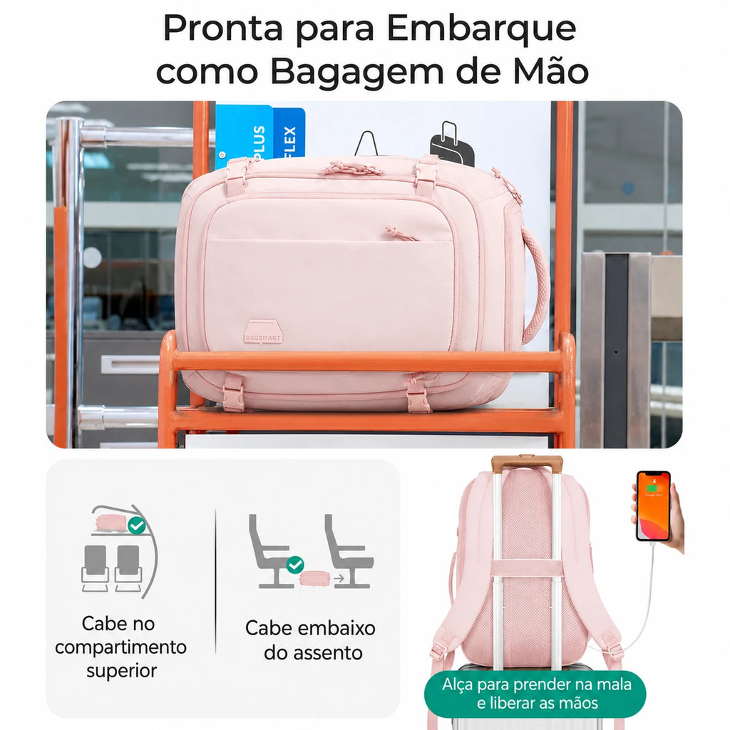 Pronta para embarque - Mochila de Viagem Bags Mart 30L Rosa