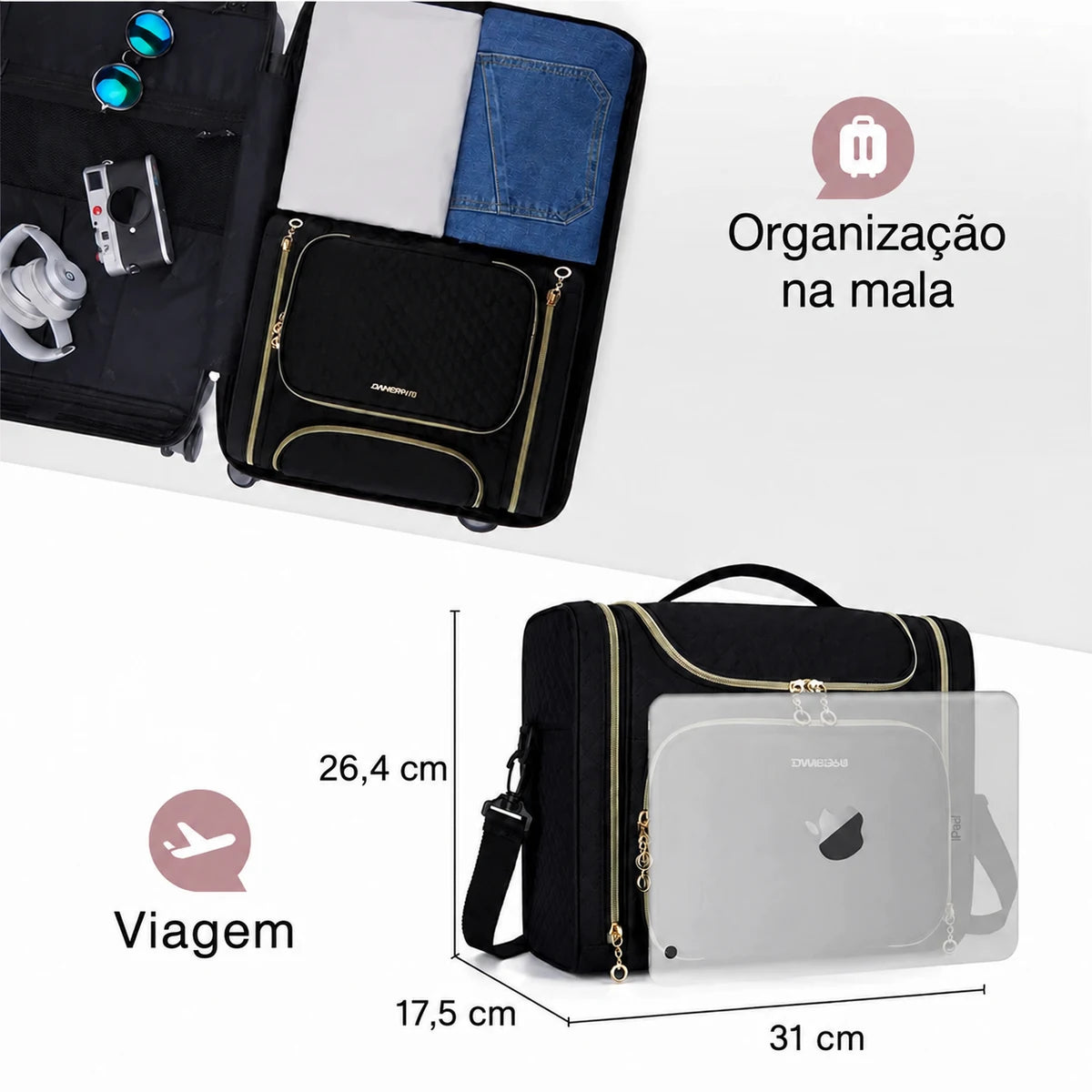 Necessaire de Maquiagem Feminina Resistente à Água Bags Mart Cor Preto — Dimensões em centímetros