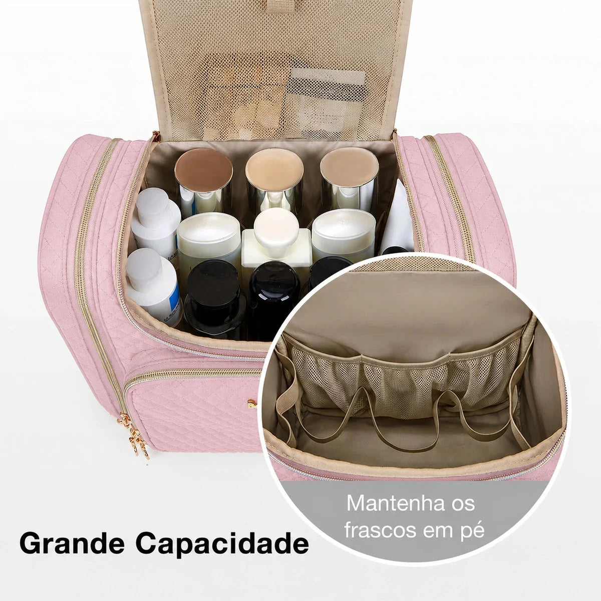 Necessaire de Maquiagem Feminina Resistente à Água Bags Mart Cor Rosa — Interior e compartimentos