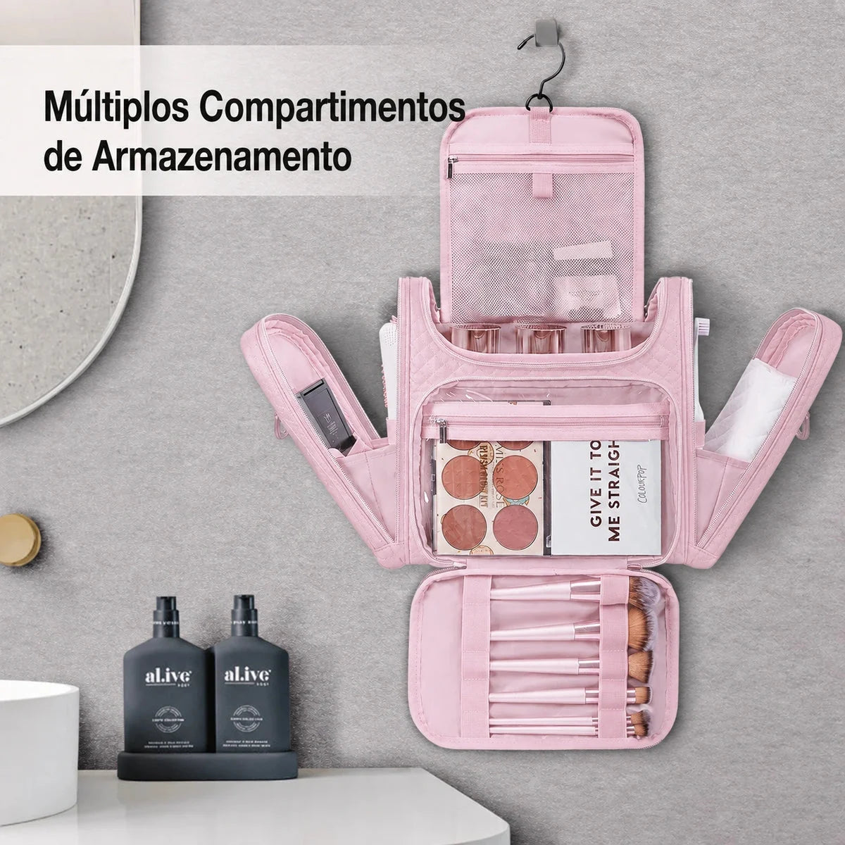Necessaire de Maquiagem Feminina Resistente à Água Bags Mart Cor Rosa — Produto em uso