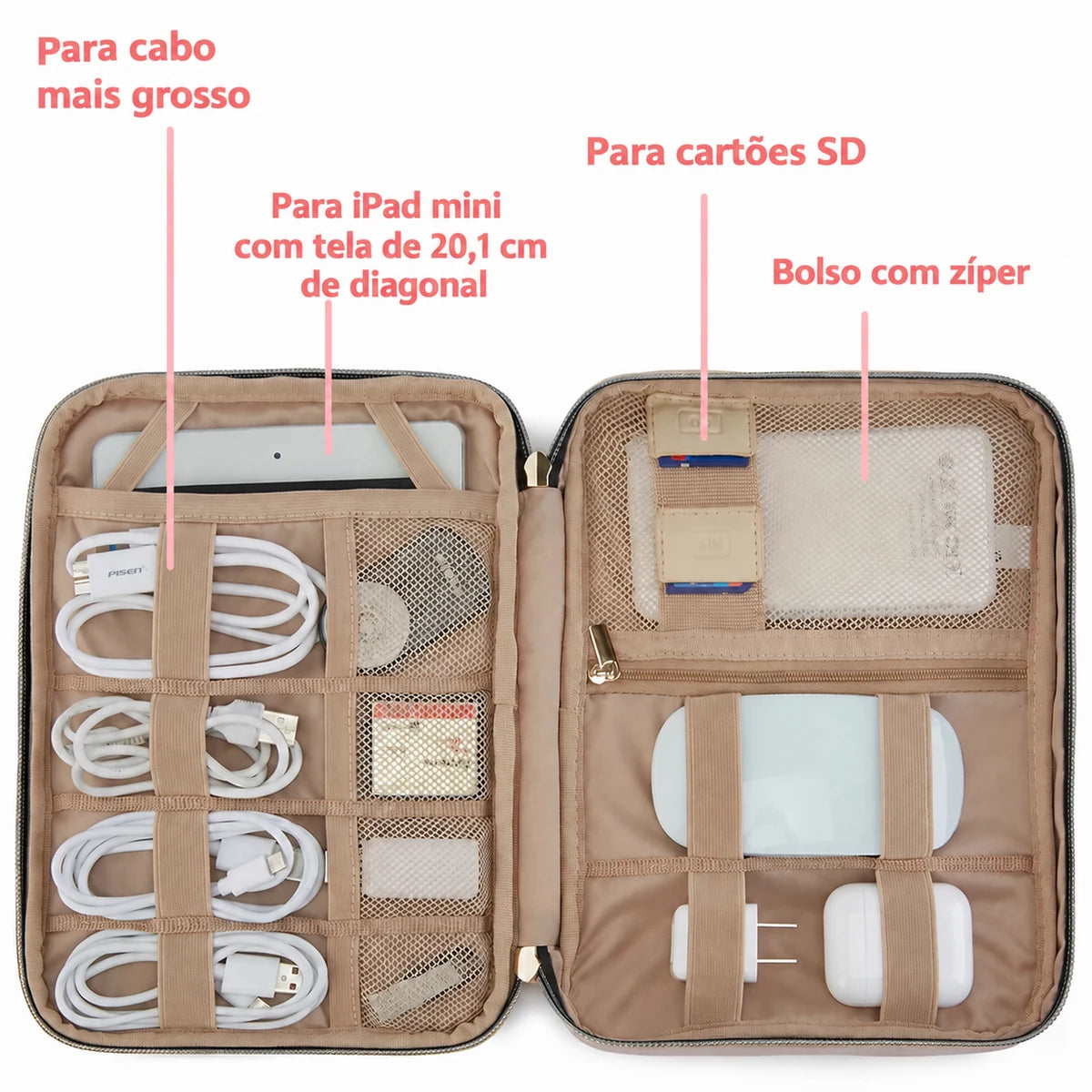 Organizador de Cabos para Viagem Resistente à Água Bags Mart Cor Preto — Compartimentos para cabos e tablet