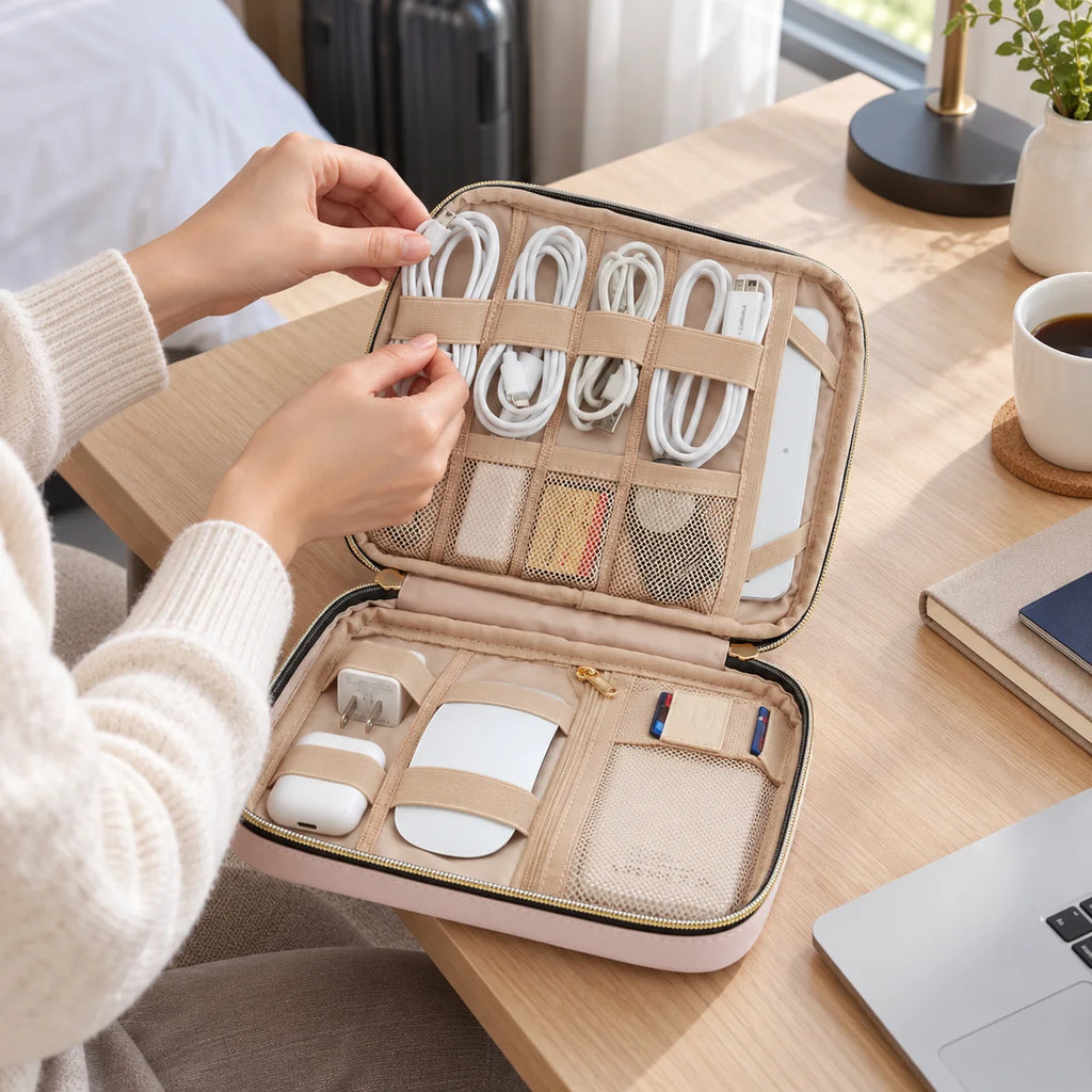 Organizador de Cabos para Viagem Resistente à Água Bags Mart Cor Rosa — Produto em uso