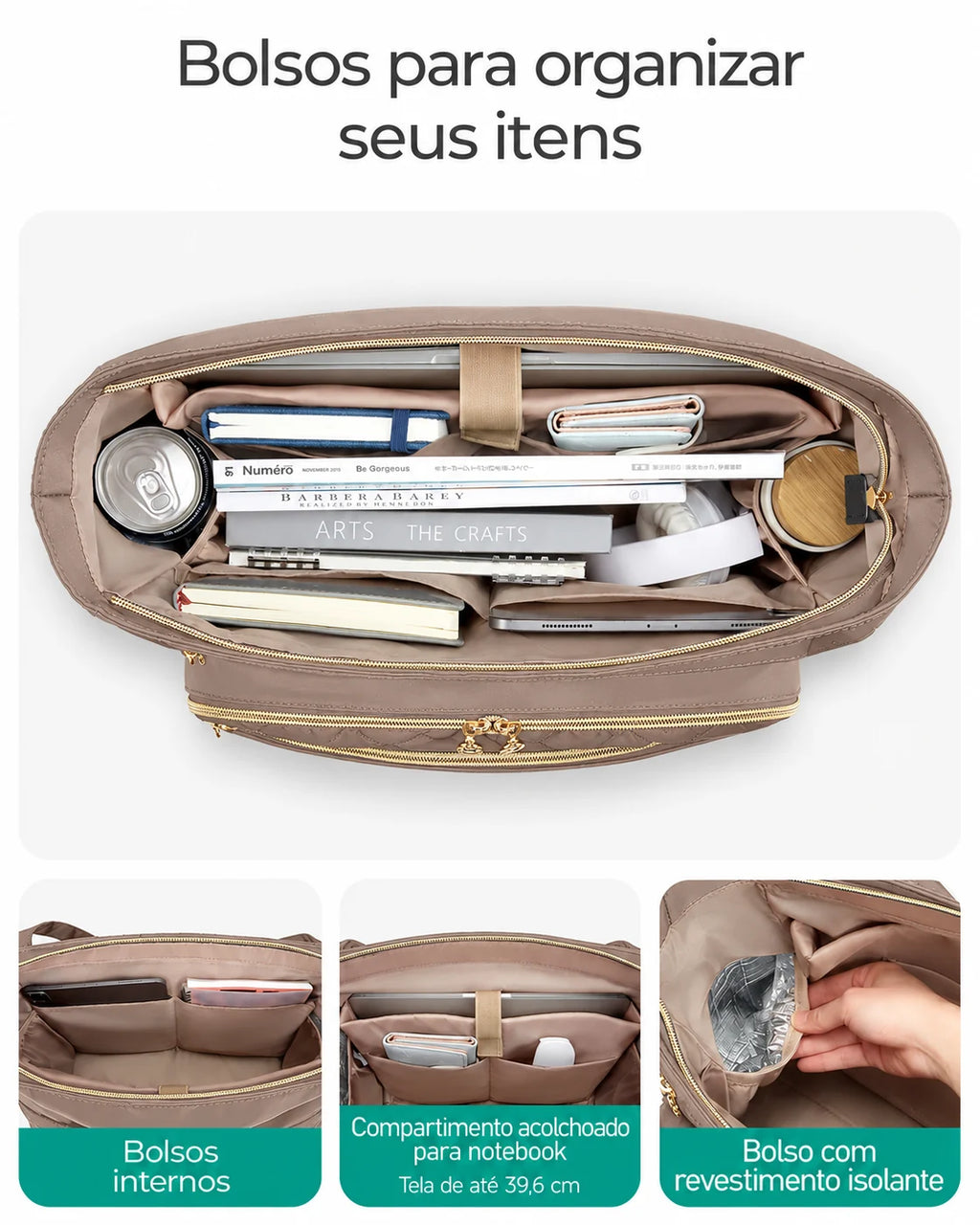Organização dos compartimentos — Pasta Acolchoada Profissional para Notebook até 39,6 cm Bags Mart Cor Marrom