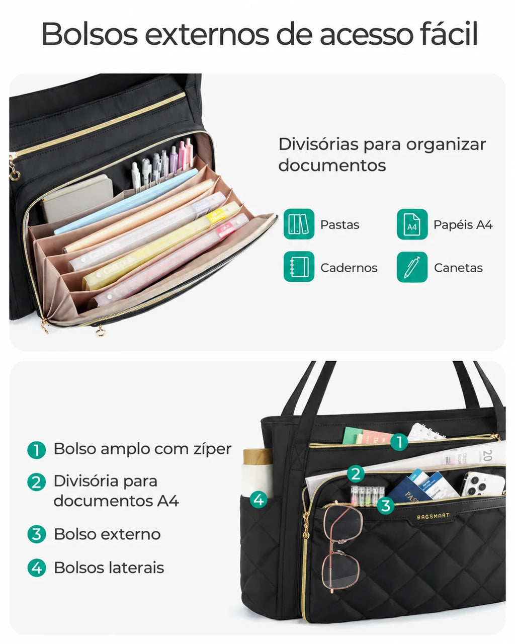 Bolsos externos e divisória de documentos — Pasta Acolchoada Profissional para Notebook até 39,6 cm Bags Mart Cor Preto