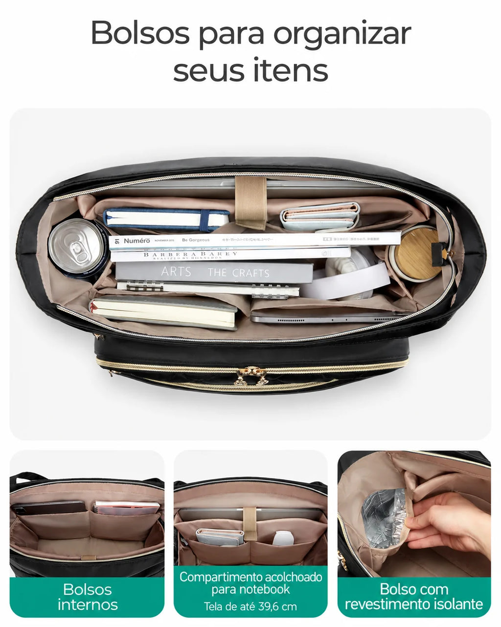 Organização dos compartimentos — Pasta Acolchoada Profissional para Notebook até 39,6 cm Bags Mart Cor Preto