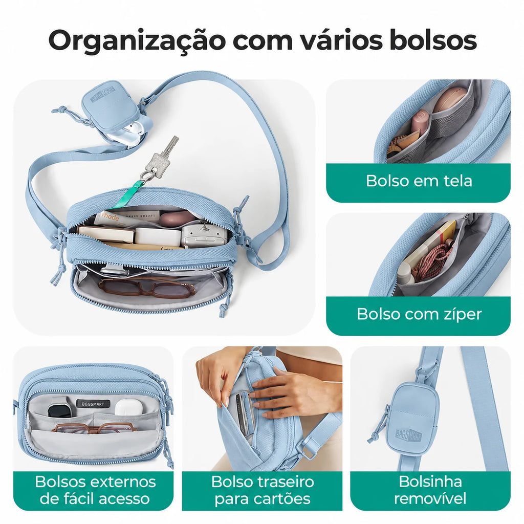 Pochete Unissex com Bolsinha Removível Bags Mart Cor Azul — bolsos e compartimentos