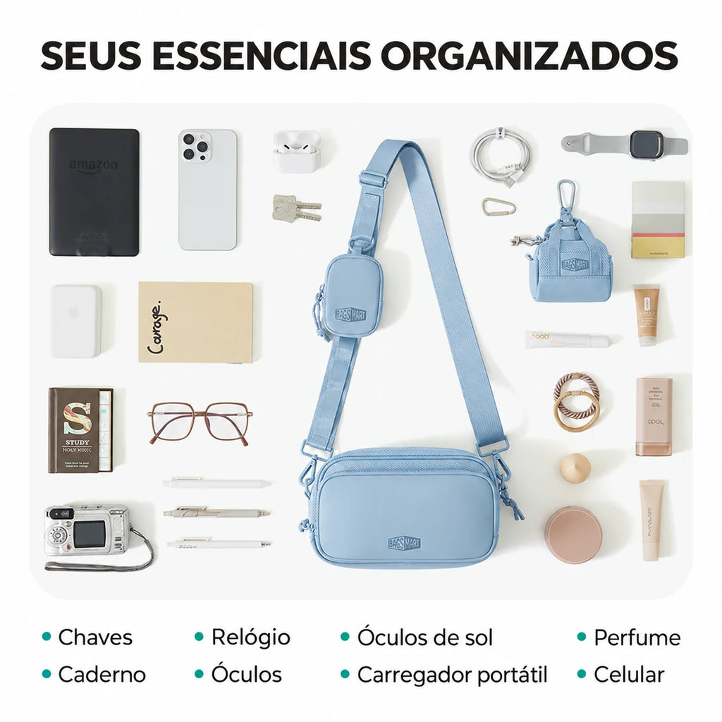Pochete Unissex com Bolsinha Removível Bags Mart Cor Azul — capacidade e organização