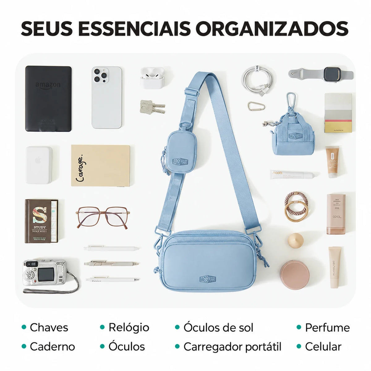 Pochete Unissex com Bolsinha Removível Bags Mart Cor Azul — capacidade e organização