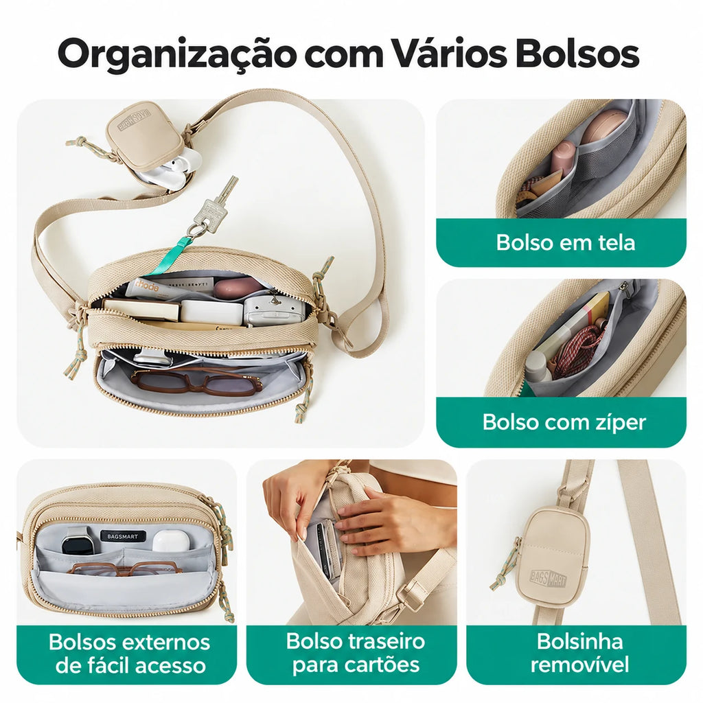 Pochete Unissex com Bolsinha Removível Bags Mart Cor Bege — bolsos e compartimentos