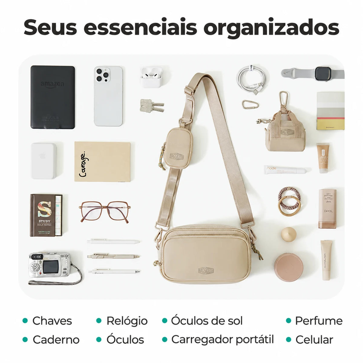 Pochete Unissex com Bolsinha Removível Bags Mart Cor Bege — capacidade e organização