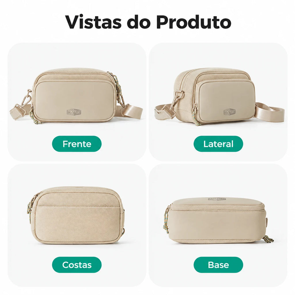 Pochete Unissex com Bolsinha Removível Bags Mart Cor Bege — vistas externas