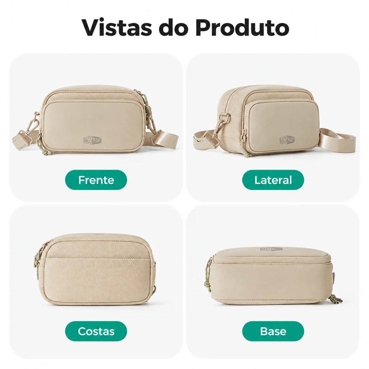 Pochete Unissex com Bolsinha Removível Bags Mart Cor Bege — vistas externas