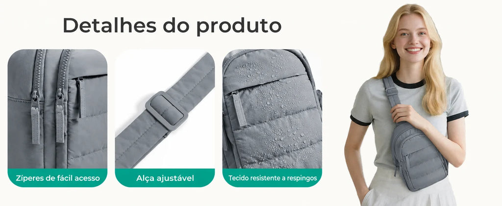 Zíperes, alça ajustável e tecido resistente a respingos — Pochete Transversal Acolchoada Puffer 5 L Bags Mart Cor Cinza