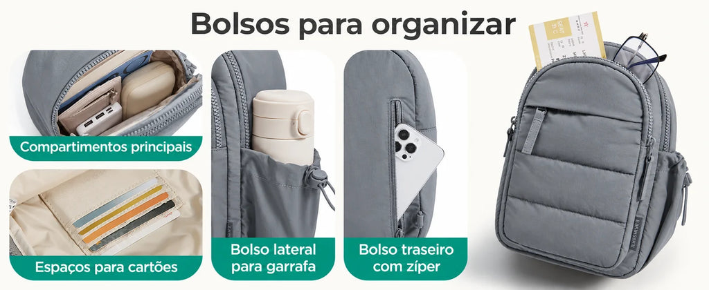 Compartimentos, bolso lateral e espaços para cartões — Pochete Transversal Acolchoada Puffer 5 L Bags Mart Cor Cinza