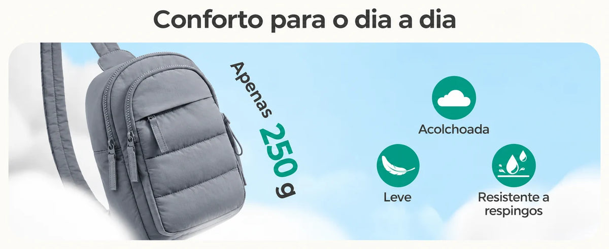 Acabamento acolchoado e peso de 250 g — Pochete Transversal Acolchoada Puffer 5 L Bags Mart Cor Cinza