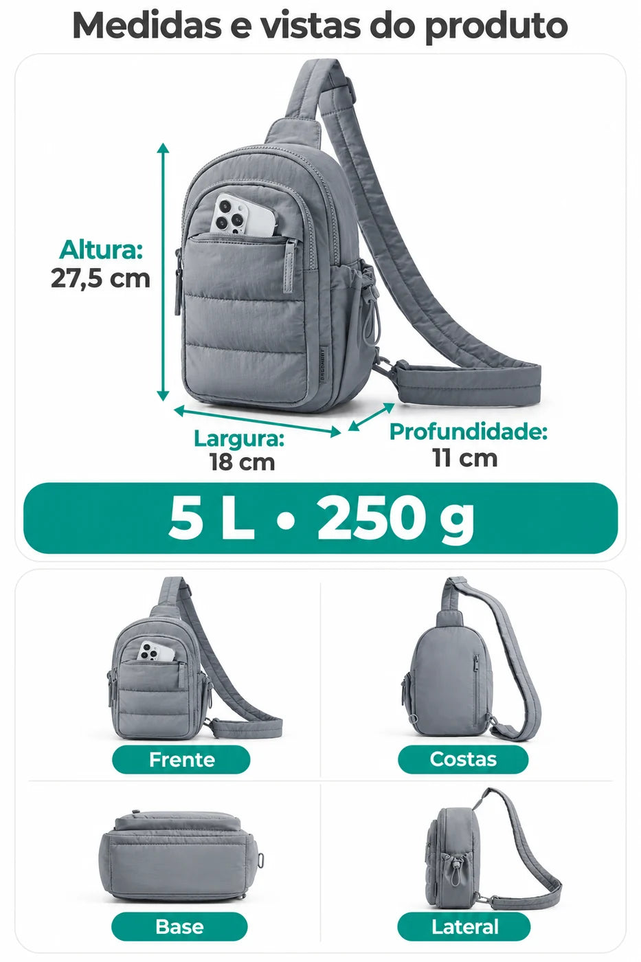 Medidas em centímetros e vistas do produto — Pochete Transversal Acolchoada Puffer 5 L Bags Mart Cor Cinza