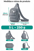 Medidas em centímetros e vistas do produto — Pochete Transversal Acolchoada Puffer 5 L Bags Mart Cor Cinza