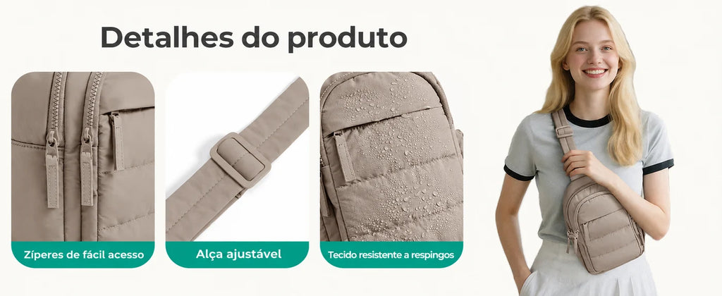 Zíperes, alça ajustável e tecido resistente a respingos — Pochete Transversal Acolchoada Puffer 5 L Bags Mart Cor Marrom