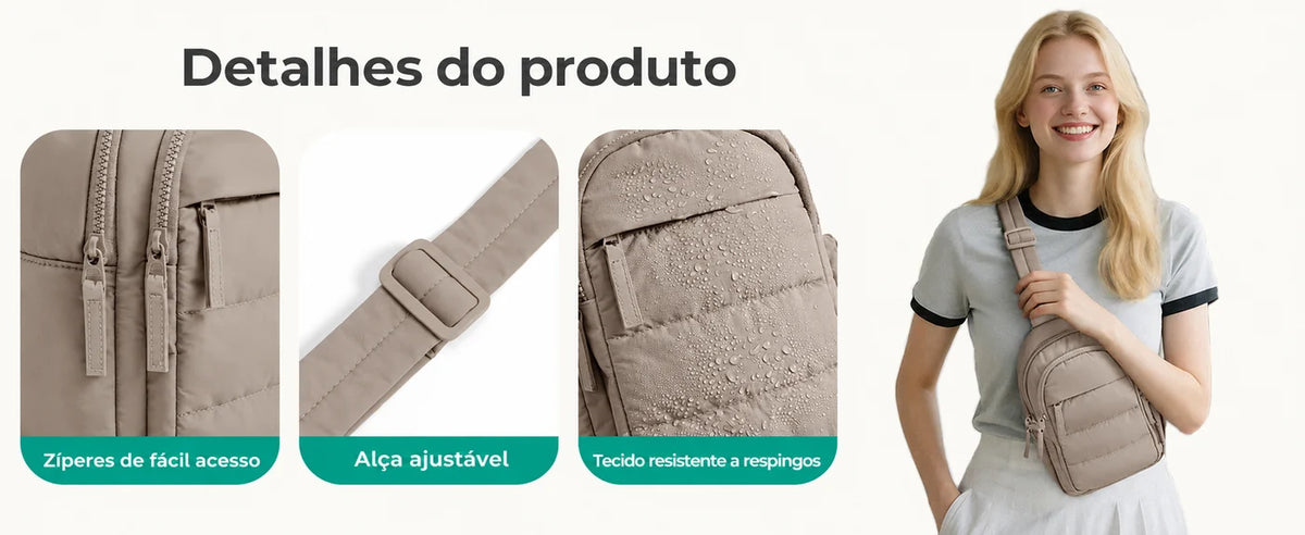 Zíperes, alça ajustável e tecido resistente a respingos — Pochete Transversal Acolchoada Puffer 5 L Bags Mart Cor Marrom