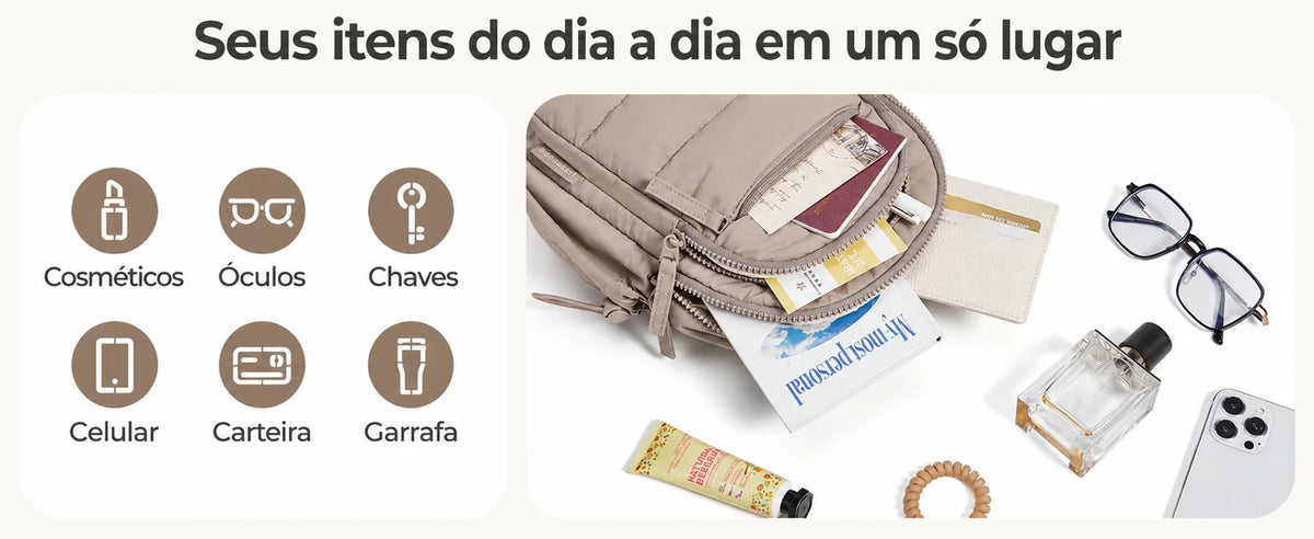 Organização dos itens do dia a dia — Pochete Transversal Acolchoada Puffer 5 L Bags Mart Cor Marrom