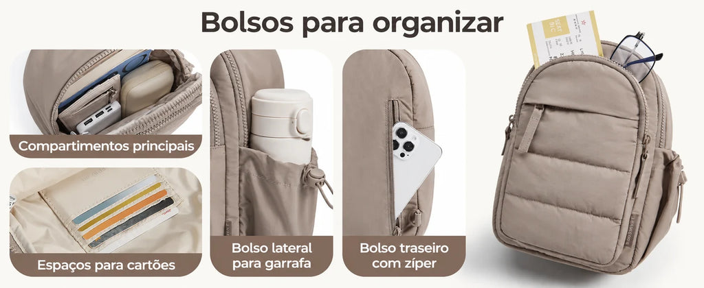 Compartimentos, bolso lateral e espaços para cartões — Pochete Transversal Acolchoada Puffer 5 L Bags Mart Cor Marrom