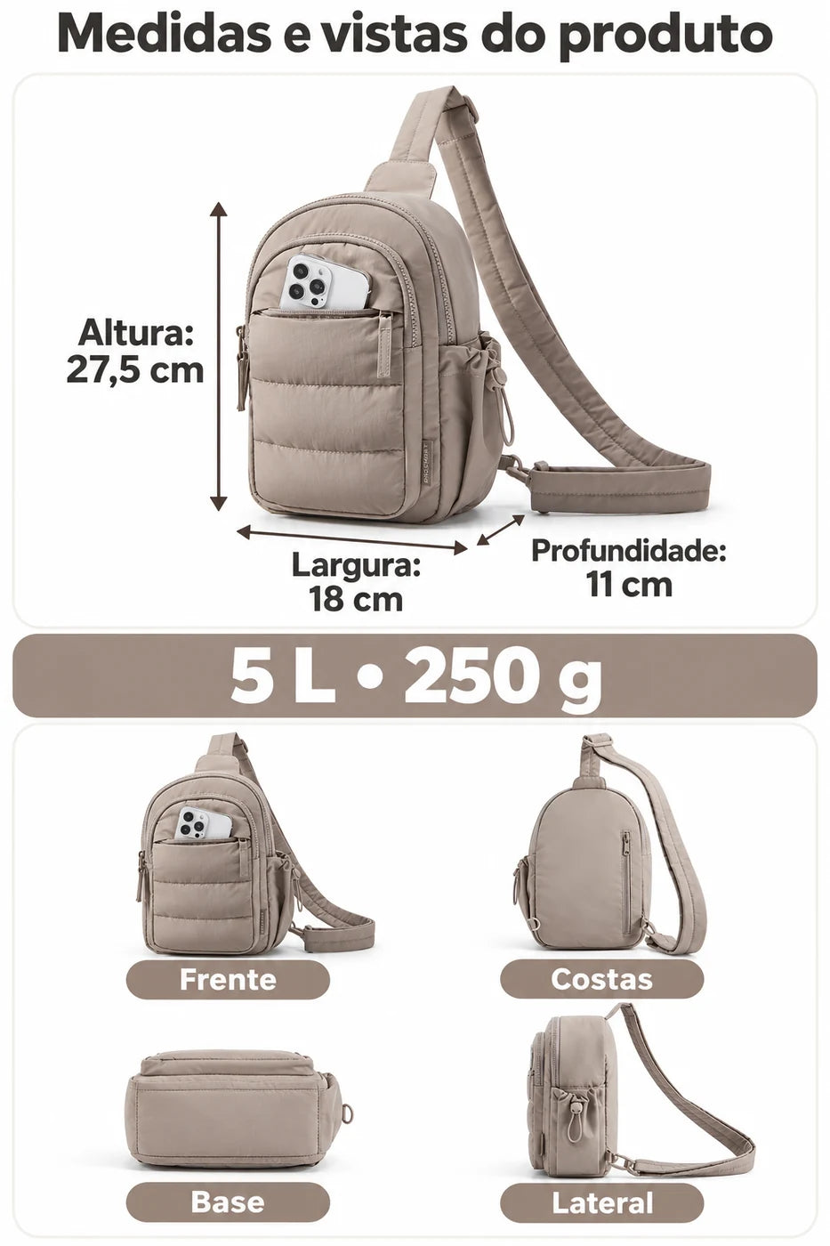Medidas em centímetros e vistas do produto — Pochete Transversal Acolchoada Puffer 5 L Bags Mart Cor Marrom